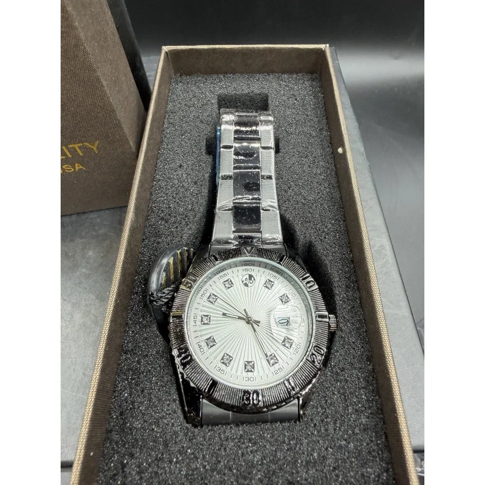 AJ USA Men's Black‑Tone Metal Link Watch w/ Silver Dial & Crystal Hour Markers ⌚